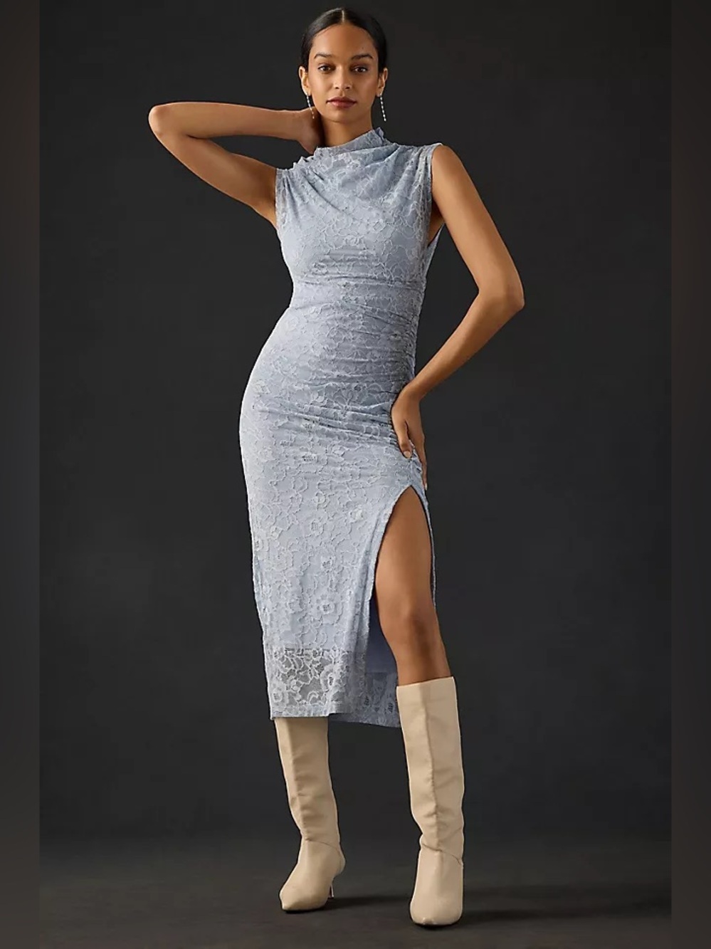 Anthropologie Maeve The Maya Blue Lace Ruched Midi Dress NWT XS